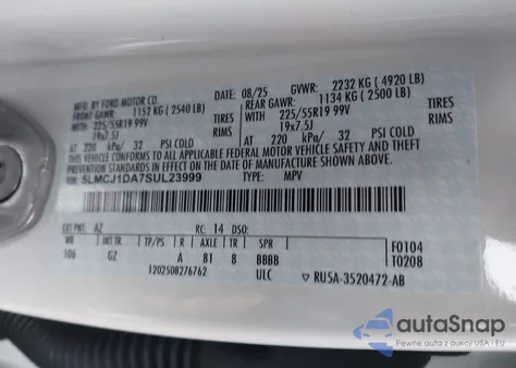 2025 Linc Corsair z USA, uszkodzony, nr VIN 5LMCJ1DA7SUL23999